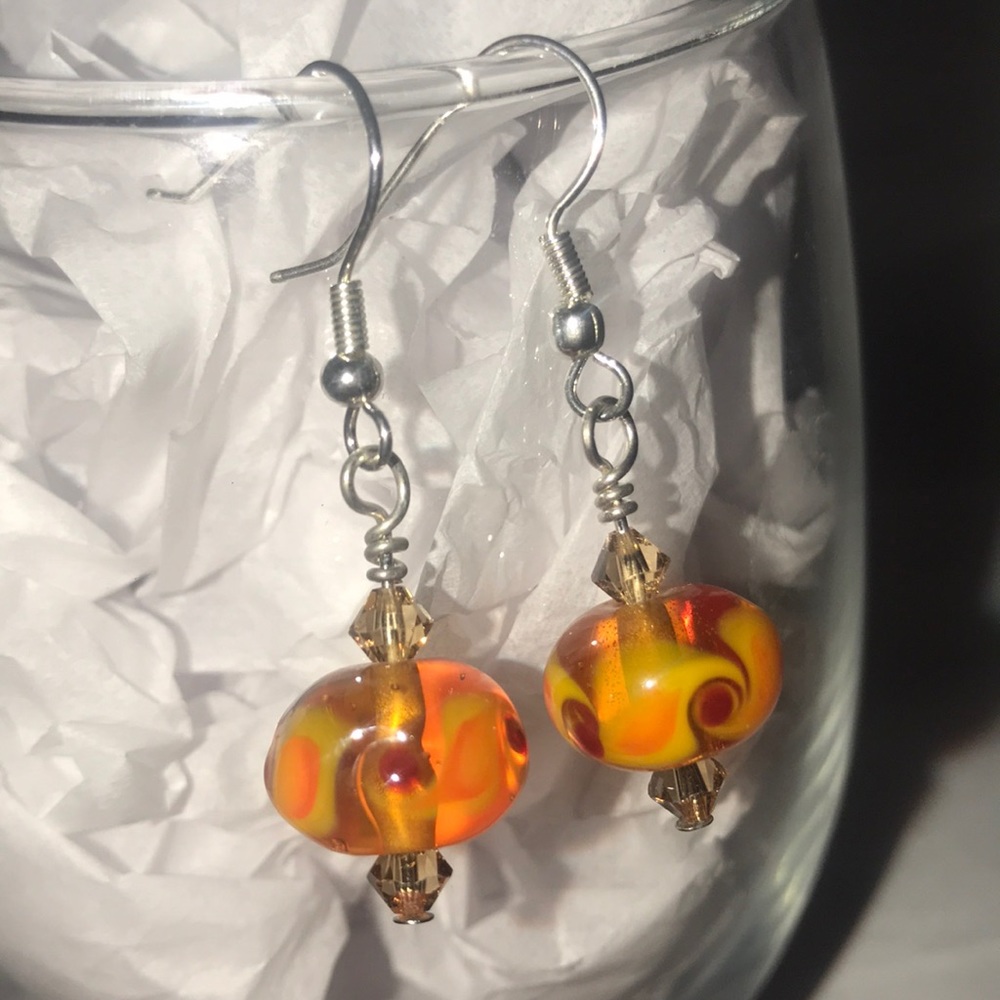 Orange Red Fire Handblown Glass Dangle Earrings